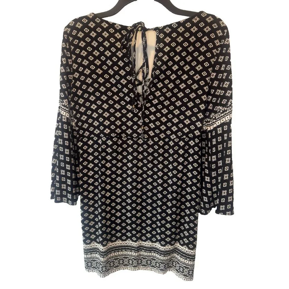 Womens Black White Bell Sleeve Mini Dress Large Boho Peasant Hippie Festival - Picture 4 of 9